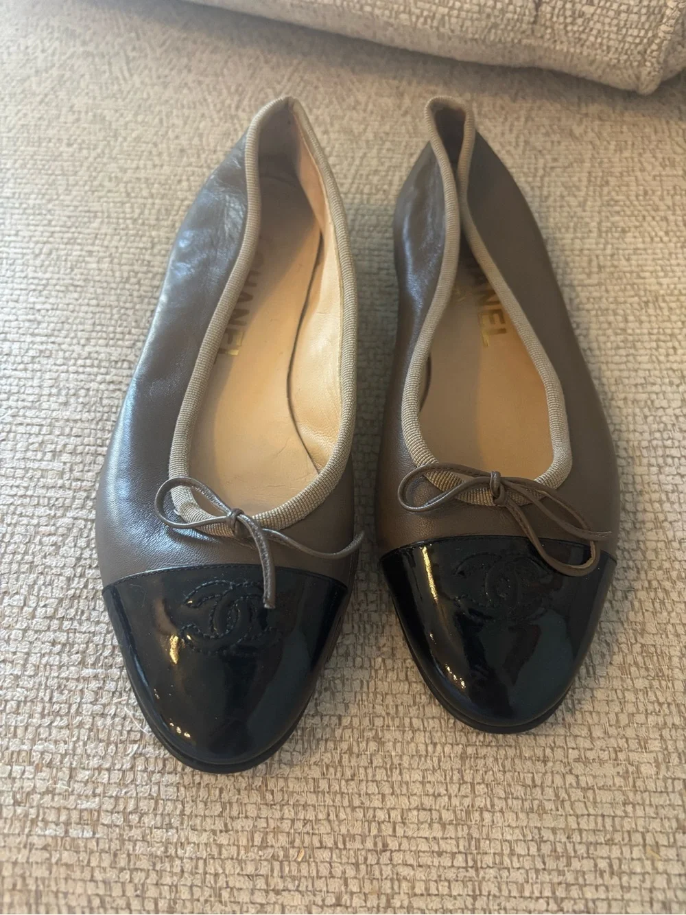 CHANEL Taupe Leather Ballet Flats with Black Patent Cap Toe